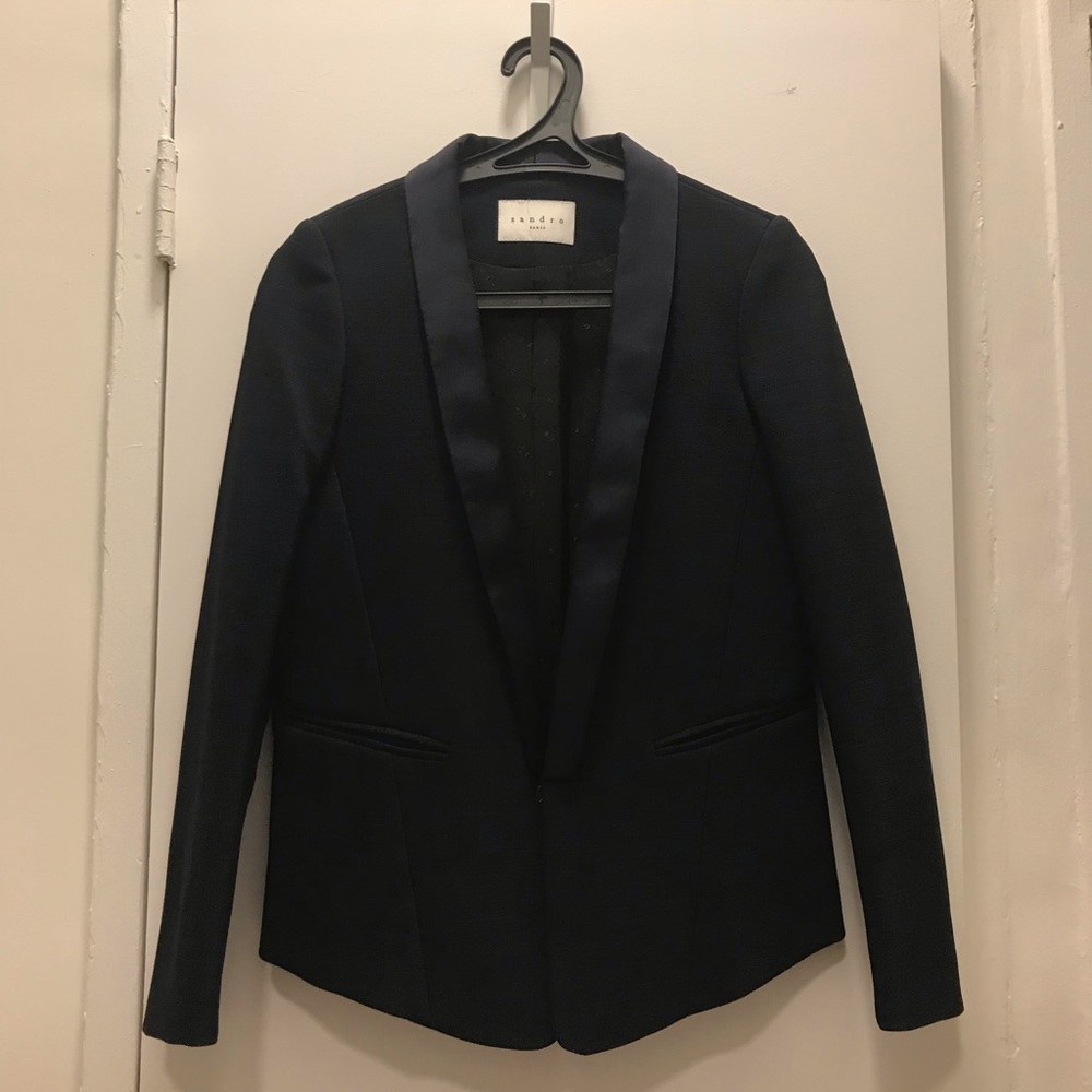 Sandro Satin Shawl Collar Blazer in Marine